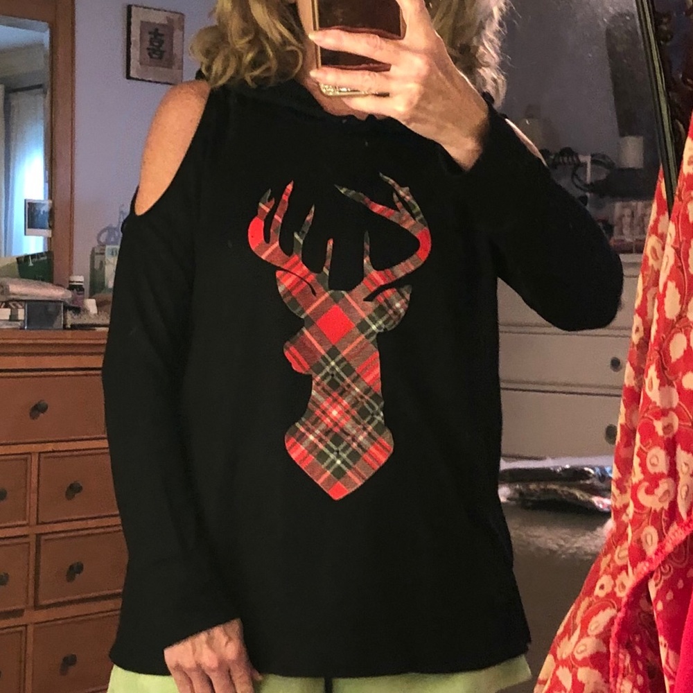 Christmas Reindeer Hoodie, Black & Red Xmas Top - Picture 6 of 6